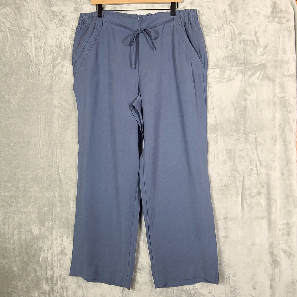 NWT Loft Pull On Smocked Tie Waist Pants Blue Hi Rise Wide Leg Boho Chic Size L